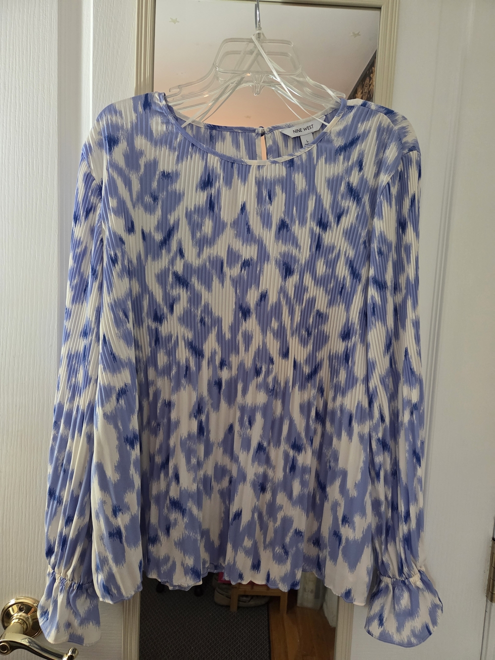 Nine West Blue and White Pleated Print Blouse